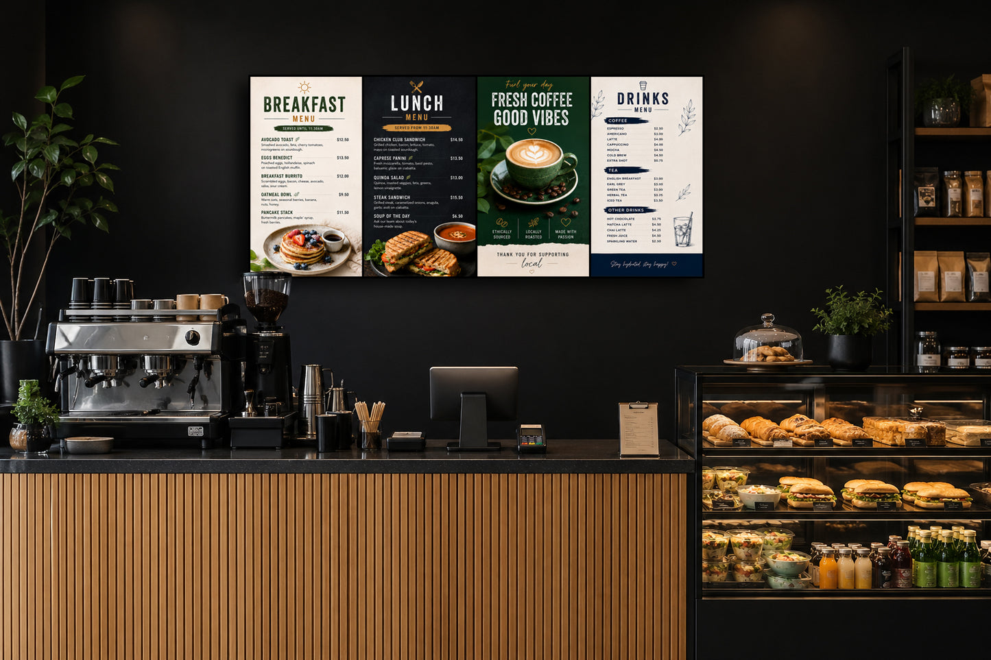 65" Portrait Digital Menu Board - 4 Screens (3349.2mm x 1462.3mm)